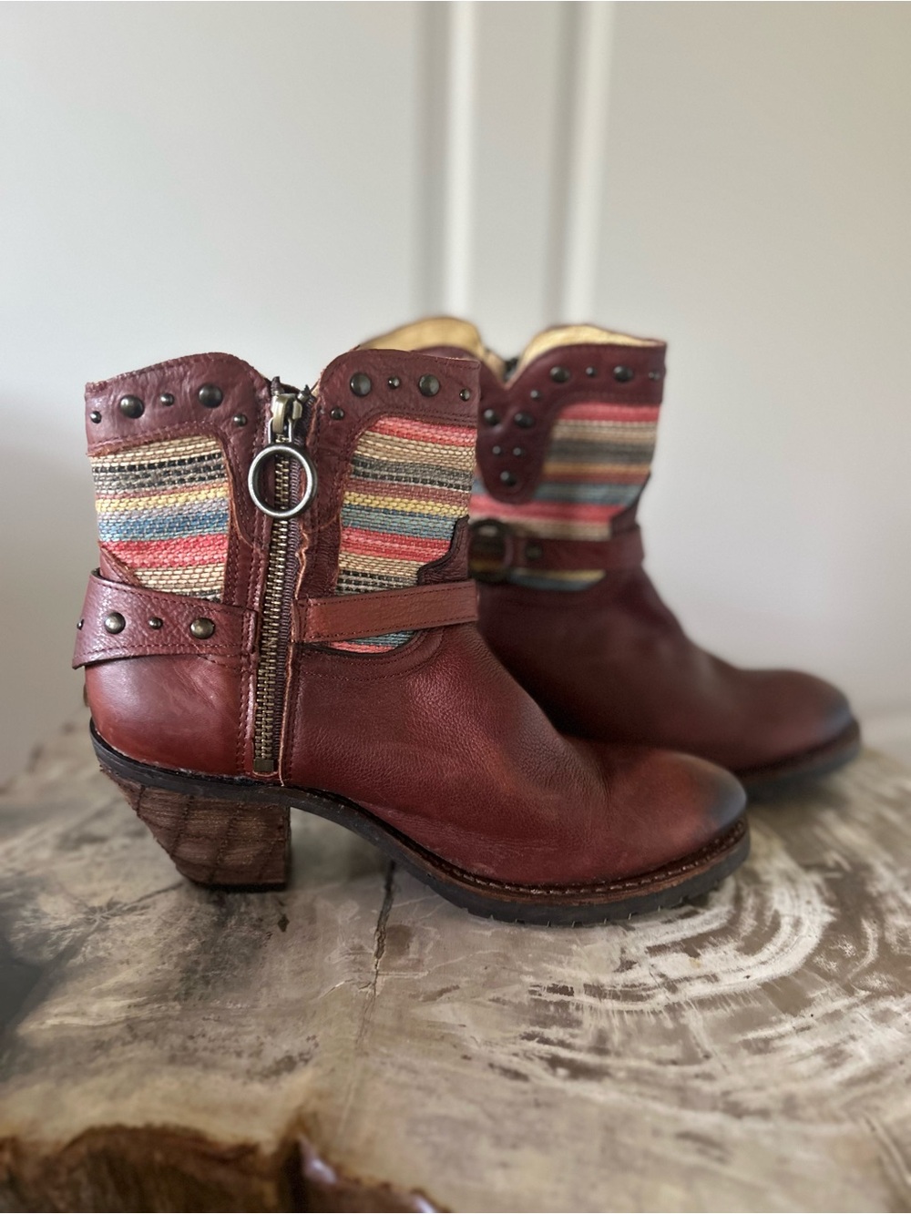 Justin Boots Burgundy Leather Ankle Boots with Multicolor Textile Panel